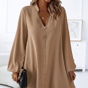 Khaki Casual Women's Notched Neckline Lantern Sleeve Dress